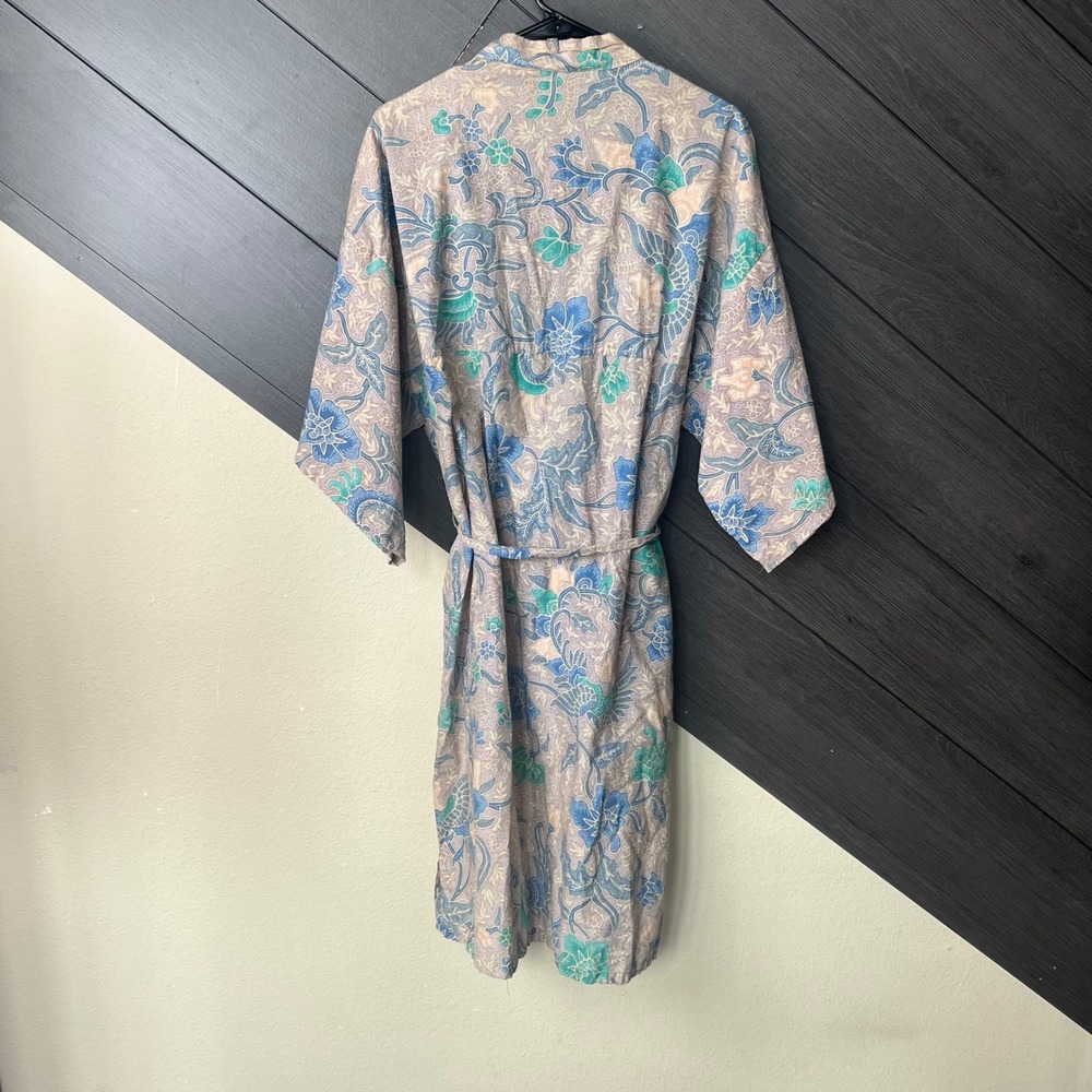 Pier 1 Passport Women's Floral Kimono Robe Duster One Size Beige Blue VTG - Picture 3 of 7